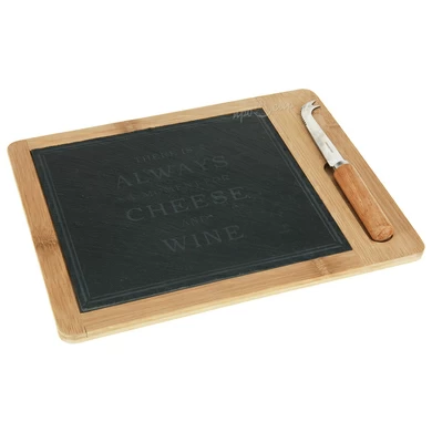 Сырная доска с ножом (30х24 см) "Cheese and wine", бамбук и сланец
